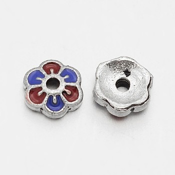 Antique Silver Plated Flower Alloy Enamel Bead Caps, 6-Petal, Colorful, 6x2mm, Hole: 1mm