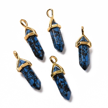 Synthetic Blue Hubei Turquoise Pendants, Faceted, with Golden Tone Brass Findings, Lead free & Cadmium Free, Bullet, 27~30x9~10x7~8mm, Hole: 4x3mm