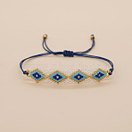 Evil Eye Glass Seed Bead Adjustable Bracelets, Fibre Cord Braided Bracelets for Women Men, White, 11.02 inch(28cm)(RH2974-1)