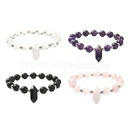 Mixed Natural Gemstone Round & Bullet Beaded Bracelets, with 304 Stainless Steel Beads, 3/8 inch(0.85cm), Inner Diameter: 2-3/8 inch(6cm)(BJEW-JB09540)