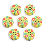 Handmade Polymer Clay Beads, Flat Round with Smiling Face & Flower, Yellow, 8.5~10x4.5mm, Hole: 1.5mm(CLAY-T019-14F)