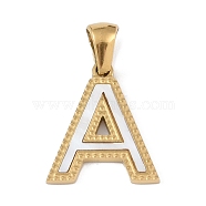 Natural White Shell Alphabet Pendants, Ion Plating(IP) Real 18K Gold Plated 304 Stainless Steel Charms, Letter A, 17x14.5x1.5mm, Hole: 5x3mm(STAS-M338-02G-A)