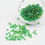 6/0 Transparent Rainbow Colours Round Glass Seed Beads, Dark Green, Size: about 4mm in diameter, hole:1.5mm, about 495pcs/50g(X-SEED-A007-4mm-167)
