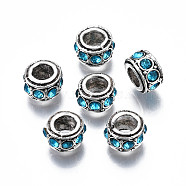 Alloy Rhinestone European Beads, March Birthstone Beads, Large Hole Beads, Cadmium Free & Lead Free, Fit European Bracelet Jewelry Making, Antique Silver, Rondelle, Aquamarine, 11x6.5mm, Hole: 5mm(MPDL-Q212-001C-RS)