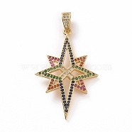 Brass Micro Pave Cubic Zirconia Pendants, Real 18K Gold Plated, Star Charms, Colorful, 41x26x2.5mm, Hole: 5.5x3mm(KK-E068-VF003)