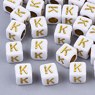 Plating Acrylic Beads, Horizontal Hole, Golden Metal Enlaced, Alphabet Style, Cube, Letter.K, 5.5~6x5.5~6x5.5~6mm, Hole: 3.5mm, about 3000pcs/500g(SACR-S297-09K)