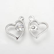 Alloy Cubic Zirconia Charms, Heart, Platinum, 11.5x13x1.5mm, Hole: 1.5mm(ZIRC-S056-02)