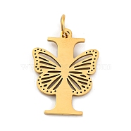 Ion Plating(IP) 201 Stainless Steel Pendants, Letter with Butterfly Charms, Golden, Letter I, 27x20.5x1.5mm, Ring: 7x1mm, Hole: 5mm(STAS-N103-184G-I)