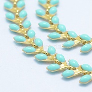 Brass Handmade Chains, Unwelded, with Enameled Cobs, Long-Lasting Plated, Leaf, Real 18K Gold Plated, Cyan, 6.5x6x0.5mm(CHC-P004-C08G)