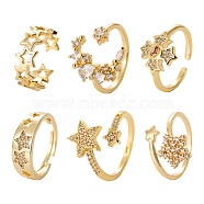 6Pcs 6 Styles Brass Micro Pave Cubic Zirconia Cuff Rings, Open Rings, Long-Lasting Plated, Star and Moon & Star, Golden, Inner Diameter: 16.5~18mm, 1pc/style(RJEW-LS0001-40G)