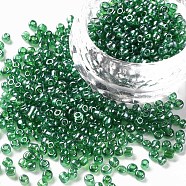 Glass Seed Beads, Trans. Colours Lustered, Round, Green, 3mm, Hole: 1mm, about 1111pcs/50g, 50g/bag, 18bags/2pounds(SEED-US0003-3mm-107)