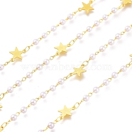 Brass Star Links Chains, with White Round  CCB Plastic Beads, Soldered, Long-Lasting Plated, with Spool, Golden, Link: 4x2.5x3mm and 2.5x1.7x0.3mm, about 32.8 Feet(10m)/roll(CHC-H101-17G)