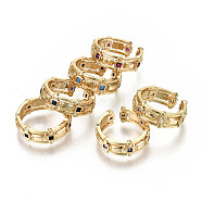 Brass Micro Pave Cubic Zirconia Cuff Rings, Open Rings, Real 18K Gold Plated, Nickel Free, Square, Mixed Color, Inner Diameter: 17mm(RJEW-N032-004-NF)