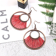 Creative Design Alloy Dangle Earrings, with Yarn, Flat Round, Red Copper, Red, 75x55mm(X-EJEW-F238-20C)