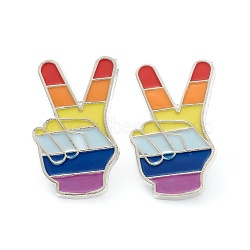 Alloy Enamel Brooches, Enamel Pin with Butterfly Clutches, Rainbow Yeah Victory Sign Gesture, Peace Hand Sign, Platinum, Colorful, 30x18x10mm(JEWB-M020-12-P)