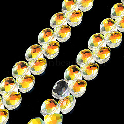 Electroplate Triangle Glass Beads Strands, Faceted, AB Color Plated, Gold, 9x10x5mm, Hole: 1mm, about 100pcs/strand, 23.62''(60cm)(EGLA-A036-11A-AB01)