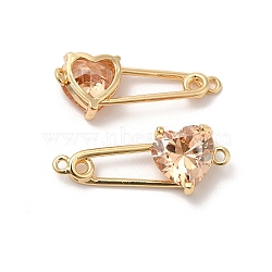 Heart Shaped Glass Connector Charms, Real 18K Gold Plated Brass Safety Pin Links, PeachPuff, 11x28.5x5.8mm, Hole: 1.4mm(KK-B074-74G-01)