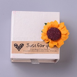 Cardboard Jewelry Ring Box, with Paper Flower and Stickers, Square, Linen, 6.05x6.1x3.65cm(CON-WH0068-74C-04)