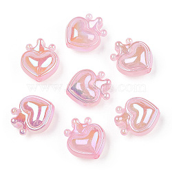 UV Plating Rainbow Iridescent Acrylic Beads, with Glitter Powder, Heart with Crown, Pink, 24.5x21.5x14mm, Hole: 3mm(OACR-T027-01-A04)