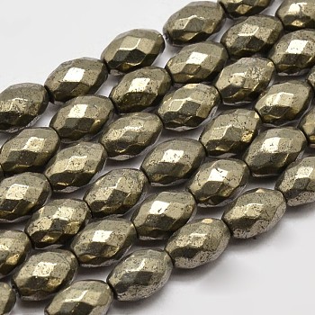 Natural Pyrite Barrel Beads Strands, Faceted, 12x8mm, Hole: 1mm, about 32pcs/strand, 15.7 inch