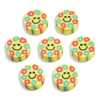 Handmade Polymer Clay Beads, Flat Round with Smiling Face & Flower, Yellow, 8.5~10x4.5mm, Hole: 1.5mm
