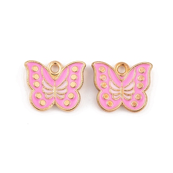Light Gold Plated Alloy Enamel Pendants, Cadmium Free & Lead Free, Butterfly Charm, Pink, 13x15x2.5mm, Hole: 2mm