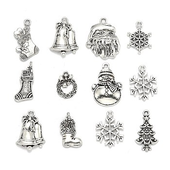 Christmas Mixed Style Tibetan Style Alloy Pendants, Antique Silver, 19~30x13~22x1.5~4mm, Hole: 2mm, about 40pcs/100g