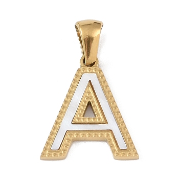 Natural White Shell Alphabet Pendants, Ion Plating(IP) Real 18K Gold Plated 304 Stainless Steel Charms, Letter A, 17x14.5x1.5mm, Hole: 5x3mm