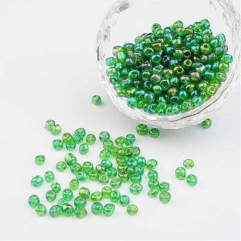 6/0 Transparent Rainbow Colours Round Glass Seed Beads, Dark Green, Size: about 4mm in diameter, hole:1.5mm, about 495pcs/50g