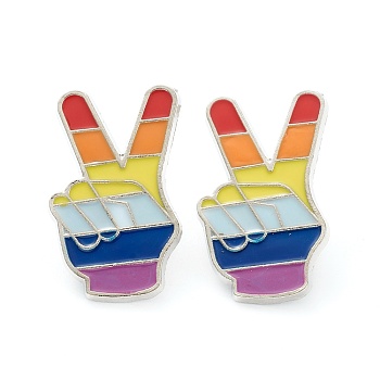 Alloy Enamel Brooches, Enamel Pin with Butterfly Clutches, Rainbow Yeah Victory Sign Gesture, Peace Hand Sign, Platinum, Colorful, 30x18x10mm