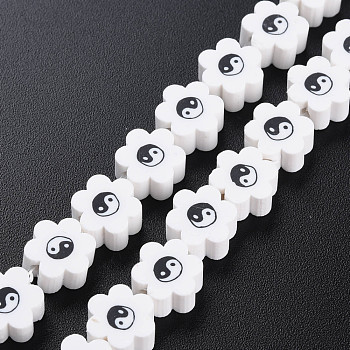 Handmade Polymer Clay Bead Strands, Flower with Yin Yang, White, 7~9x7~9x4~5mm, Hole: 1.2~1.4mm, about 40pcs/strand, 12.24 inch~12.80 inch(31.1cm~32.5cm)