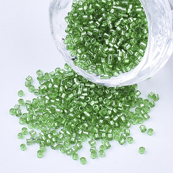 Glass Cylinder Beads, Seed Beads, Silver Lined, Round Hole, Light Green, 1.5~2x1~2mm, Hole: 0.8mm, about 8000pcs/bag, about 85~95g/bag