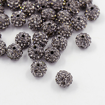 Pave Disco Ball Beads, Polymer Clay Rhinestone Beads, Grade A, Round, Black Diamond, PP12(1.8~1.9mm), 8mm, Hole: 1mm
