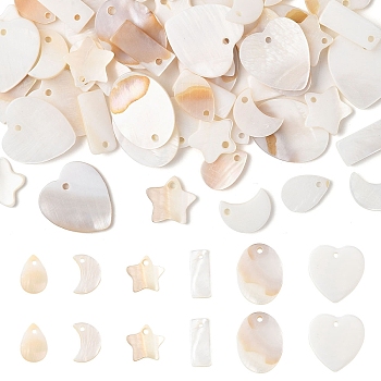 60Pcs 6 Styles Natural Freshwater Shell Pendants, Teardrop Oval Heart, Mixed Shapes, Seashell Color, 12~20x8~15x1~2mm, Hole: 1~2mm, 10pcs/style
