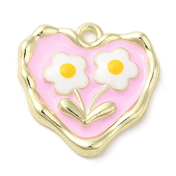 Alloy Enamel Pendants, Golden, Heart with Flower Charm, Pink, 18x18x3mm, Hole: 1.6mm