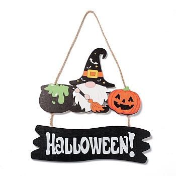 Halloween Wooden Door Wall Hanging Decorations, with Jute Rope, Gnome, 333x235x5mm, Pendant: 150x211x5mm