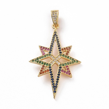 Brass Micro Pave Cubic Zirconia Pendants, Real 18K Gold Plated, Star Charms, Colorful, 41x26x2.5mm, Hole: 5.5x3mm