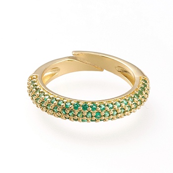 Adjustable Brass Micro Pave Cubic Zirconia Cuff Rings, Open Rings, Long-Lasting Plated, Golden, Green, Size 5, 16mm