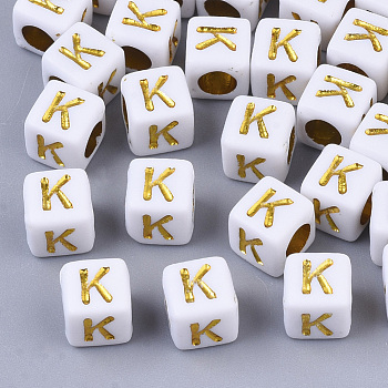Plating Acrylic Beads, Horizontal Hole, Golden Metal Enlaced, Alphabet Style, Cube, Letter.K, 5.5~6x5.5~6x5.5~6mm, Hole: 3.5mm, about 3000pcs/500g