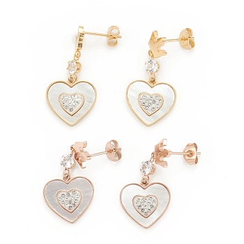 Ion Plating(IP) 304 Stainless Steel Stud Earrings, with Rhinestone and White Shell, Heart, Mixed Color, 32mm, Pin: 0.8mm
