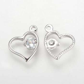 Alloy Cubic Zirconia Charms, Heart, Platinum, 11.5x13x1.5mm, Hole: 1.5mm