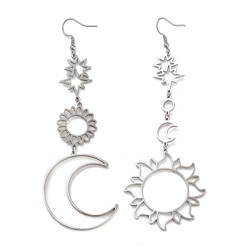 304 Stainless Steel Dangle Earrings, Sun & Moon, Stainless Steel Color, 105~114x33~40mm