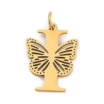 Ion Plating(IP) 201 Stainless Steel Pendants, Letter with Butterfly Charms, Golden, Letter I, 27x20.5x1.5mm, Ring: 7x1mm, Hole: 5mm