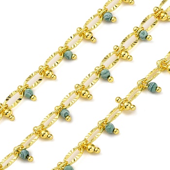 Handmade Faceted Natural Malachite Beaded Chains, Soldered, with Spool, Long-Lasting Plated, Real 18K Gold Plated, Lead Free & Cadmium Free, Oval Links: 8x4x1.5mm, Beads: 3~3.5mm