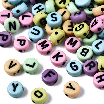 Opaque Mixed Color Acrylic Beads, Flat Round with Black Random Letters, Random Mixed Letters, 7x3.5mm, Hole: 1.5mm, about 3600~3700pcs/500g