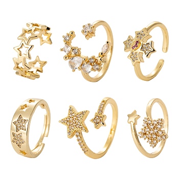 6Pcs 6 Styles Brass Micro Pave Cubic Zirconia Cuff Rings, Open Rings, Long-Lasting Plated, Star and Moon & Star, Golden, Inner Diameter: 16.5~18mm, 1pc/style