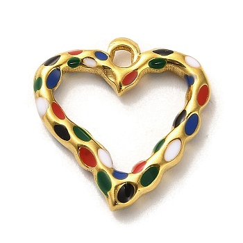 304 Stainless Steel Pendants, with Enamel, Golden, Heart Charm, Colorful, 21x20.5x3mm, Hole: 2.5mm