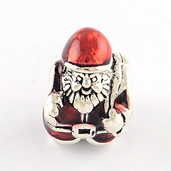 Antique Silver Plated Christmas Santa Claus Tibetan Style Alloy Enamel European Beads, Large Hole Beads, Dark Red, 14.5x10x11mm, Hole: 5mm
