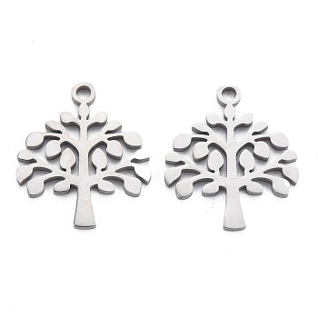 304 Stainless Steel Pendants, Laser Cut, Tree, Stainless Steel Color, 18x16x1mm, Hole: 1.6mm