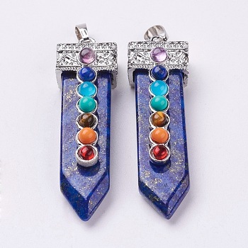 Natural Lapis Lazuli with Synthetic & Natural Mixed Stone Chakra Big Pendants, Dyed, Sword, Platinum, 57~60x16.5x12mm, Hole: 5mm
